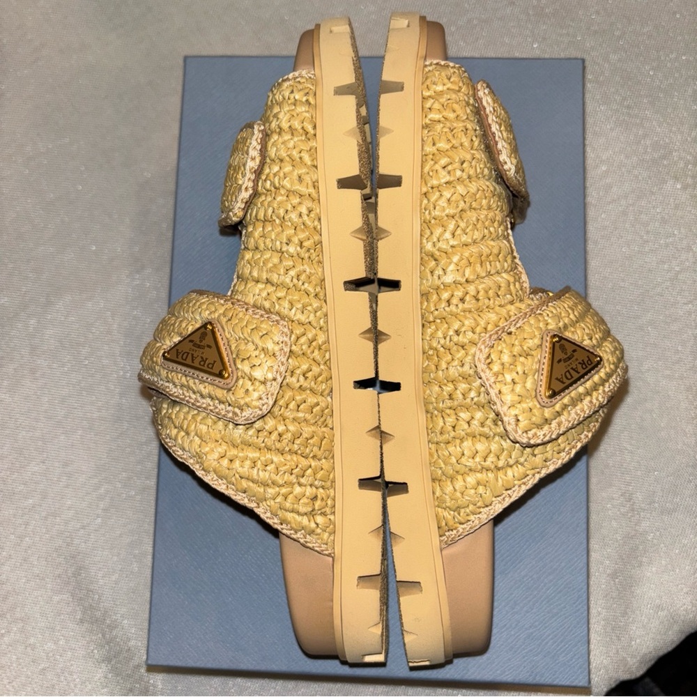 Authentic Prada Fussbett Raffia Double Band Slide Sandal Natural New 9 US 39 EU - Picture 8 of 13